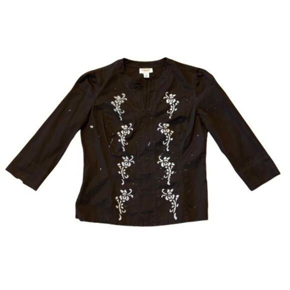Painted Roses Upcycled Vintage Chocolate Brown Cotton 3/4 Sleeve Top (Medium) - Picture 1 of 9